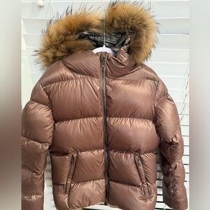 Colmar Burnt Rose Coat- 100% duck down feather filled, 100% authentic fur hood.